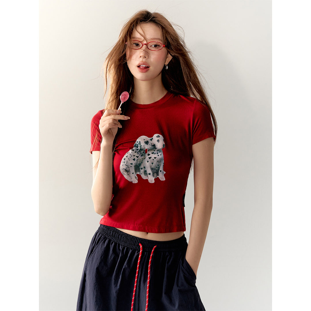 AsGony Printed Spotted Puppy Slim T-Shirt Red