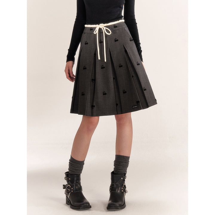 AsGony Color Blocked Cherry Drawstring Pleated Skirt