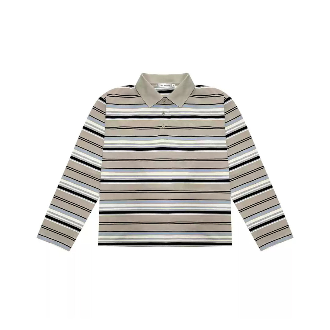 AsGony Striped Lapel Casual L/S T-Shirt Blue