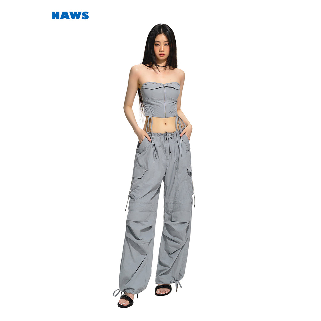 NAWS Drawstring Pocket Straight-Leg Cargo Pants Gray