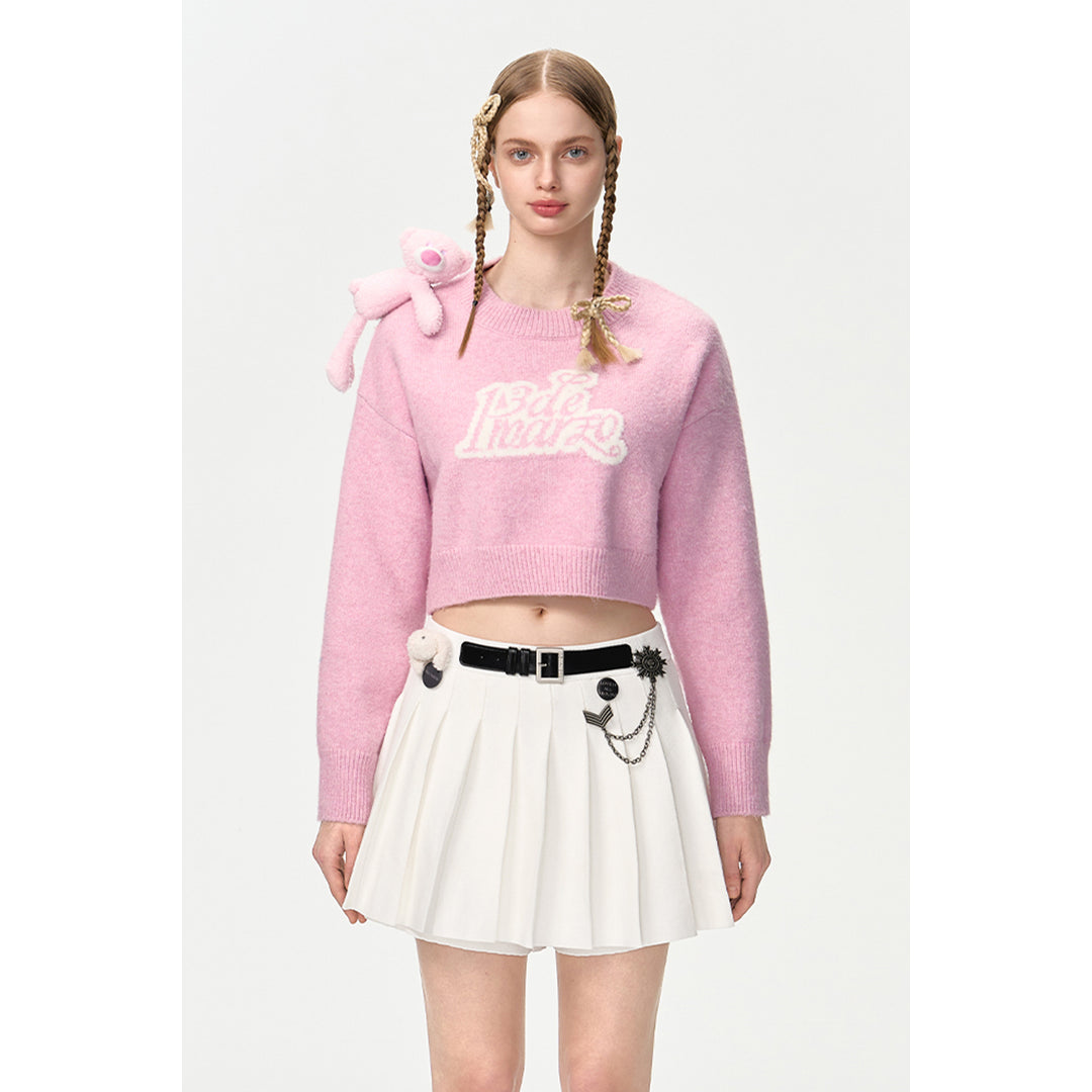 13De Marzo Doozoo Shoulder Bear Short Knit Sweater Pink