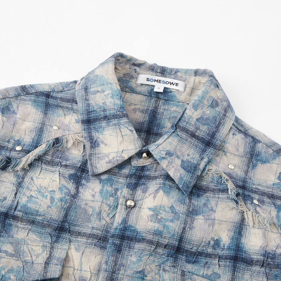 SomeSowe Tie-Dye Tassel Plaid Loose Shirt Blue