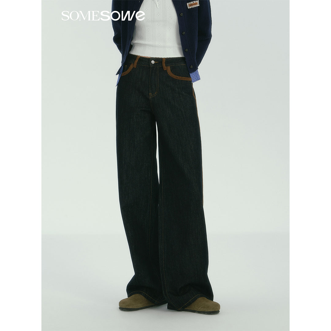 SomeSowe Suede Patchwork Wide-Leg Jeans Dark Blue