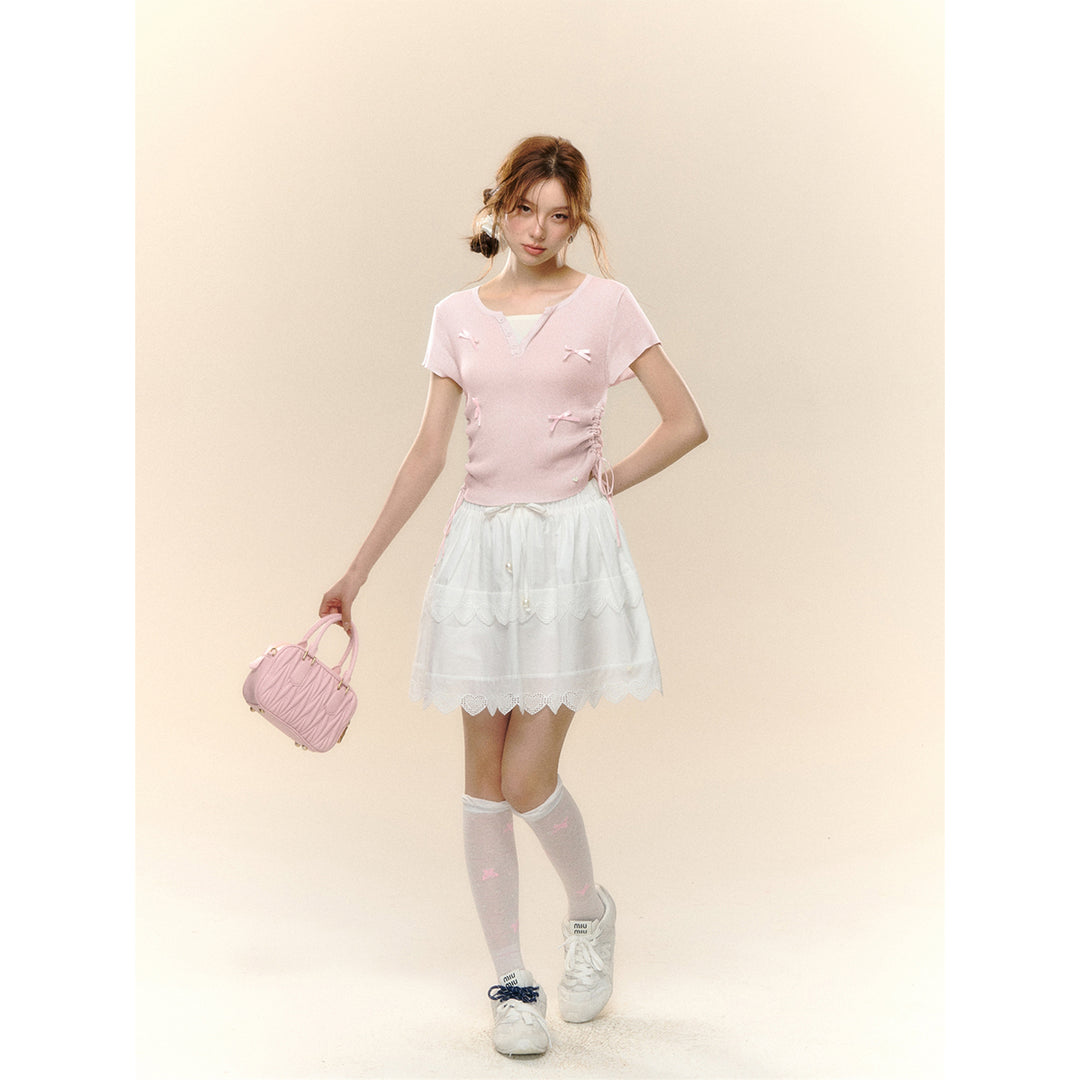 AsGony Lace Patchwork Bow Tie Elastic-Waist Skirt White