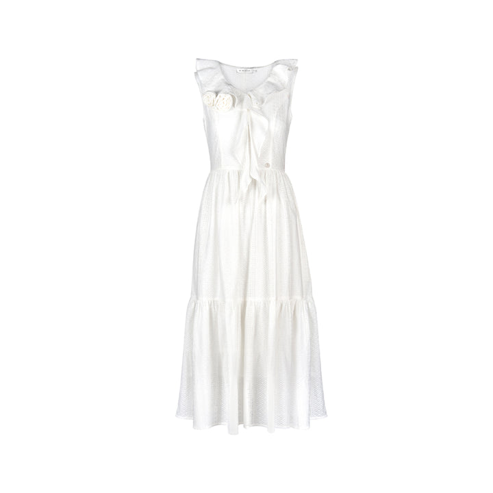 Kroche Ruffled Rose Pin Hollow Out Lace Dress White