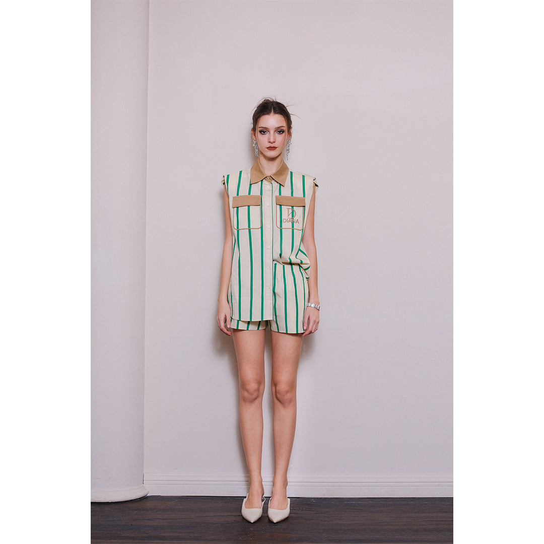 Diana Vevina Color Blocked Shoulder Pad Striped Top