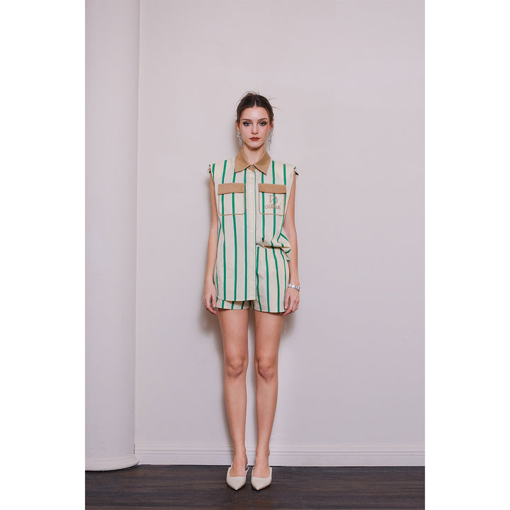 Diana Vevina Color Blocked Shoulder Pad Striped Top