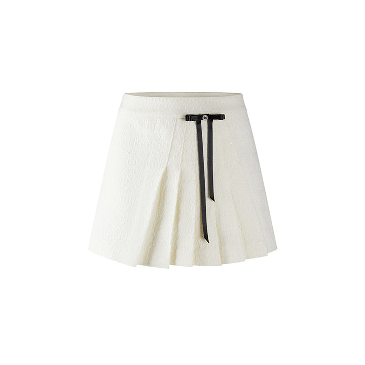 Herlian Detachable Bow Irregular Pleated Skirt White