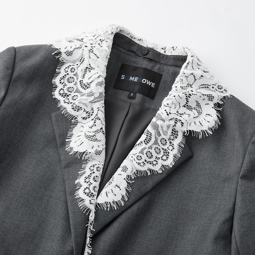 SomeSowe Detachable Lace Collar Blazer Grey