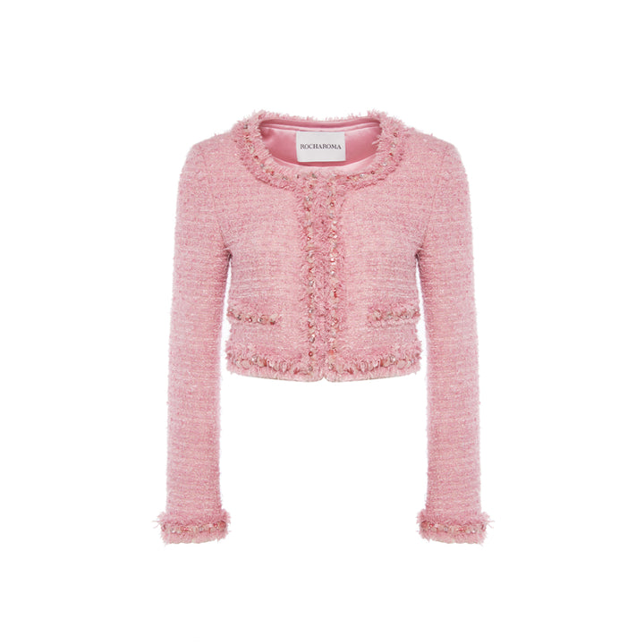 Rocha Roma Beaded Tweed Short Jacket Pink - Mores Studio