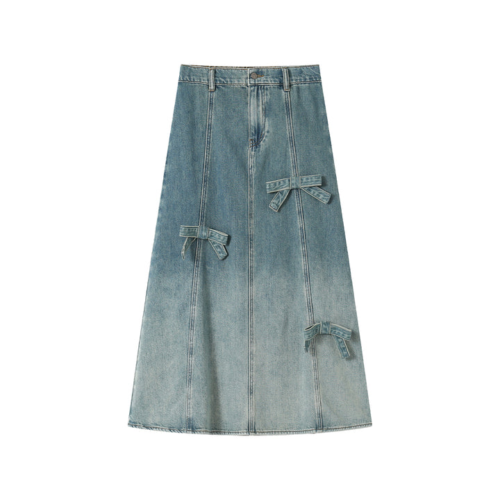 SomeSowe Gradient Stereo bow Denim Long Skirt