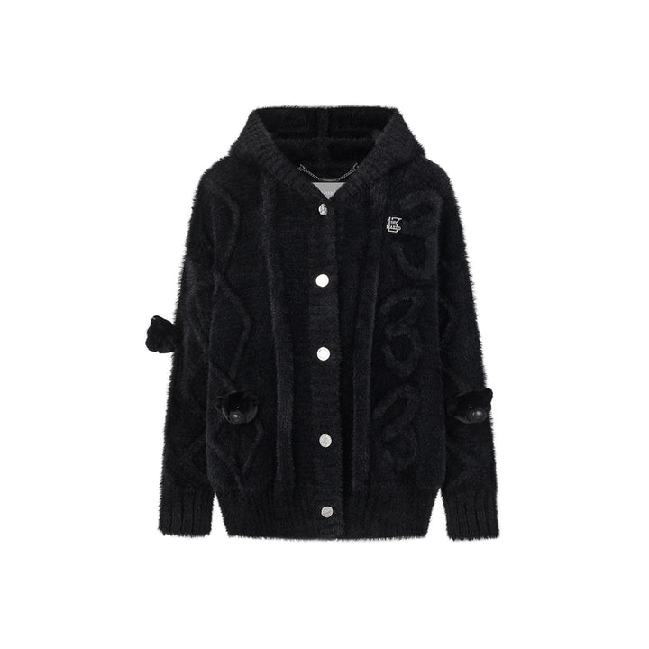 13De Marzo Bear Jacquard Knit Furry Hooded Cardigan Black