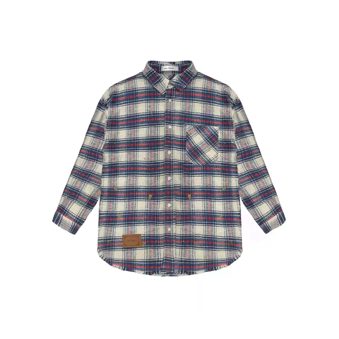 AsGony Retro Raw Edge Distressed Plaid Shirts Blue