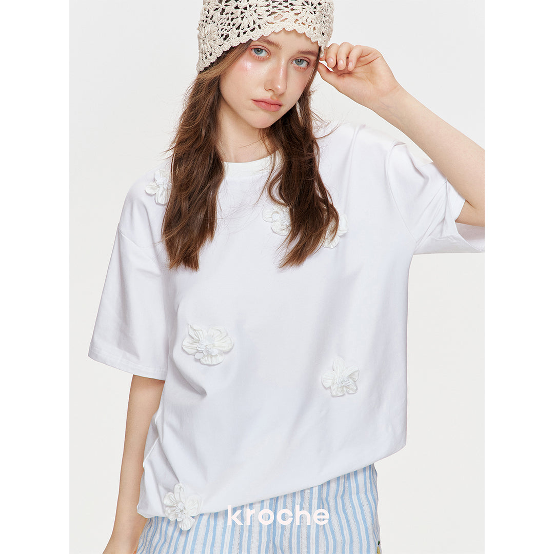 Kroche Mini Beaded Floral T-Shirt White