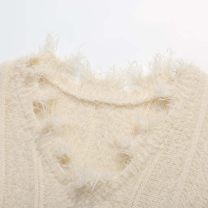 SomeSowe Destroy Faux Mink V-Neck Sweater White - Mores Studio