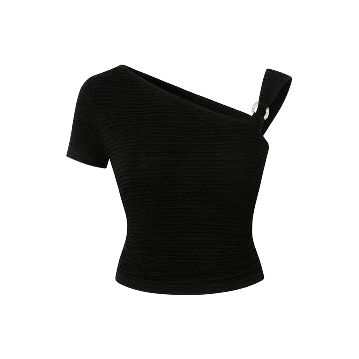 Eimismosol One-Shoulder Sleeve Textured Acetate Top Black