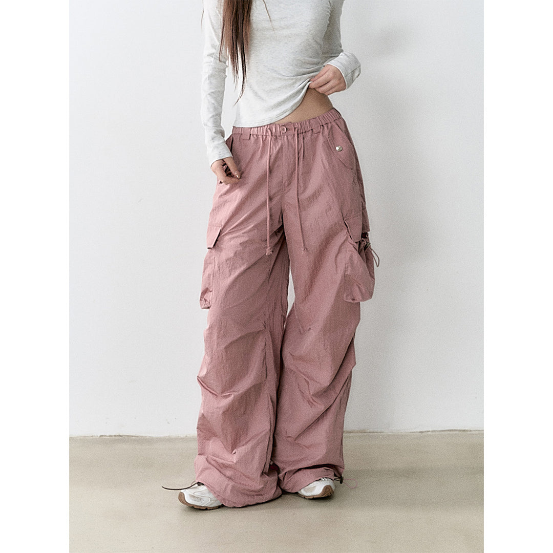 Via Pitti Mesh Big Pocket Casual Cargo Pants Pink