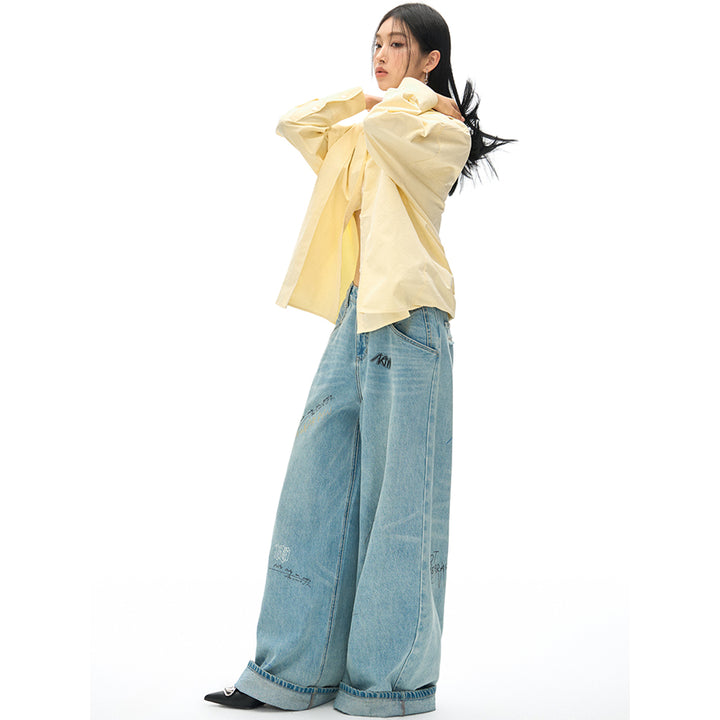 NotAwear Logo Embroidery Casual Oversized Shirt Yellow - Mores Studio