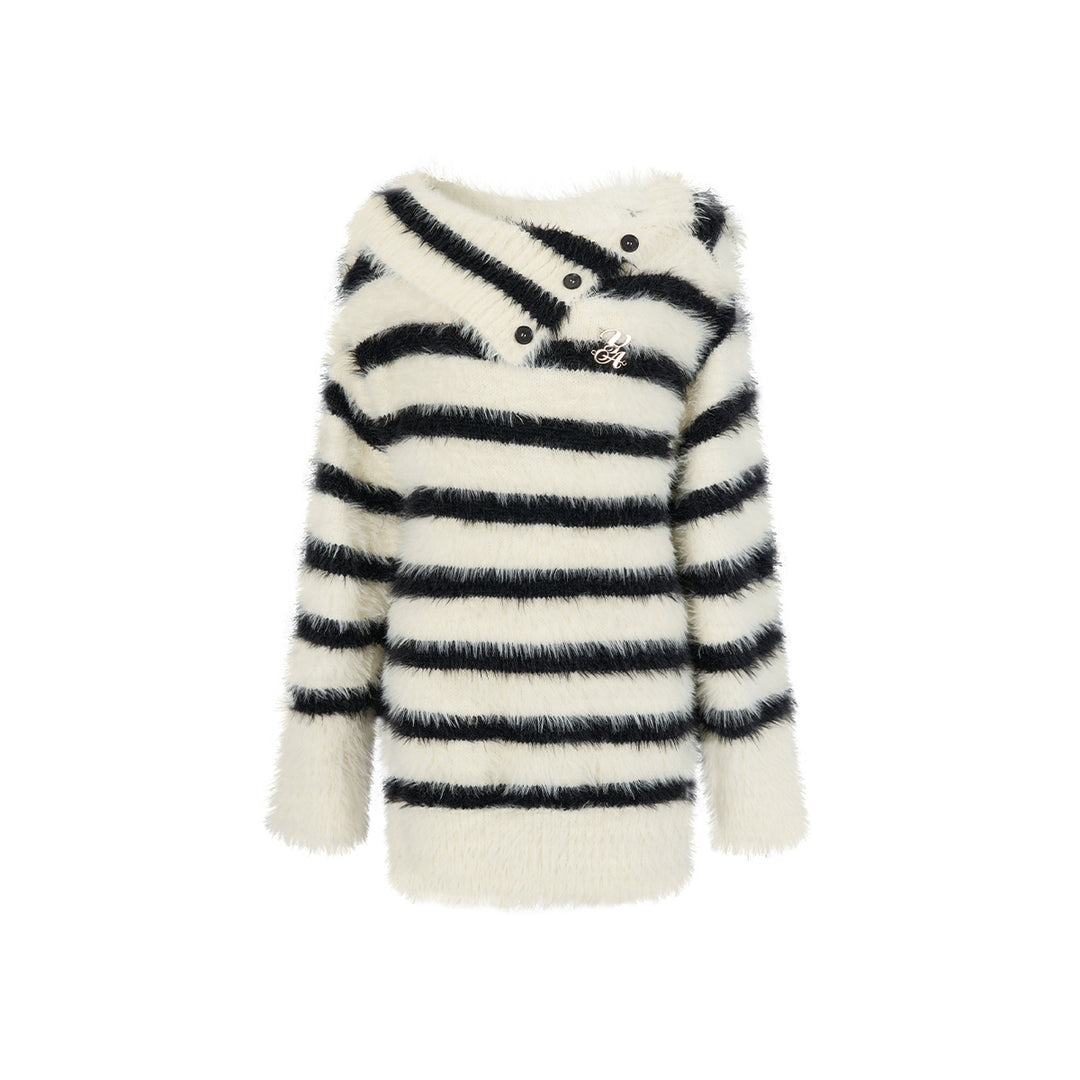 Via Pitti Patchwork Striped Off-Shoulder Sweater Black White