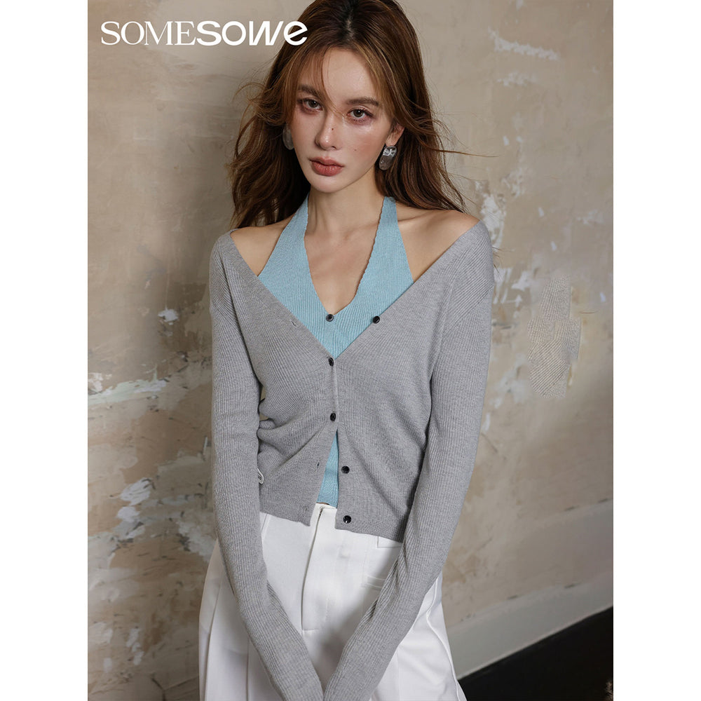 SomeSowe Hollow-Out Fake-2-Piece Knit Slim Top Grey - Mores Studio
