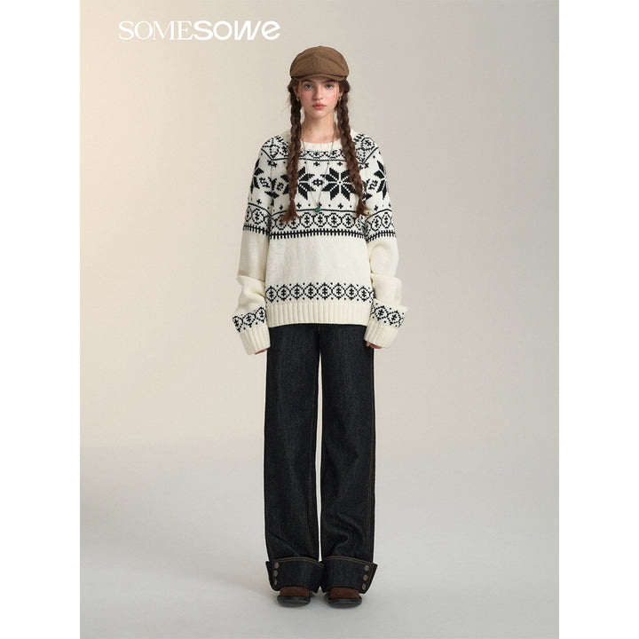 SomeSowe Vintage Jacquard Round-Neck Knit Sweater White