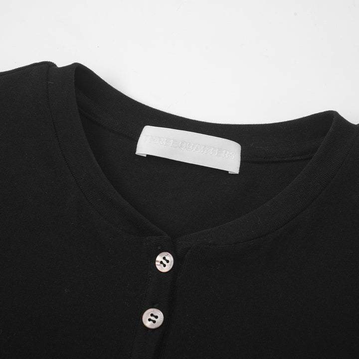 Three Quarters Hotfix Logo Henry Collar Slim Top Black