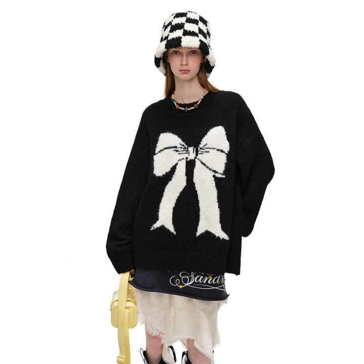 Alexia Sandra Contrast Color Bow Jacquard Knit Sweater Black