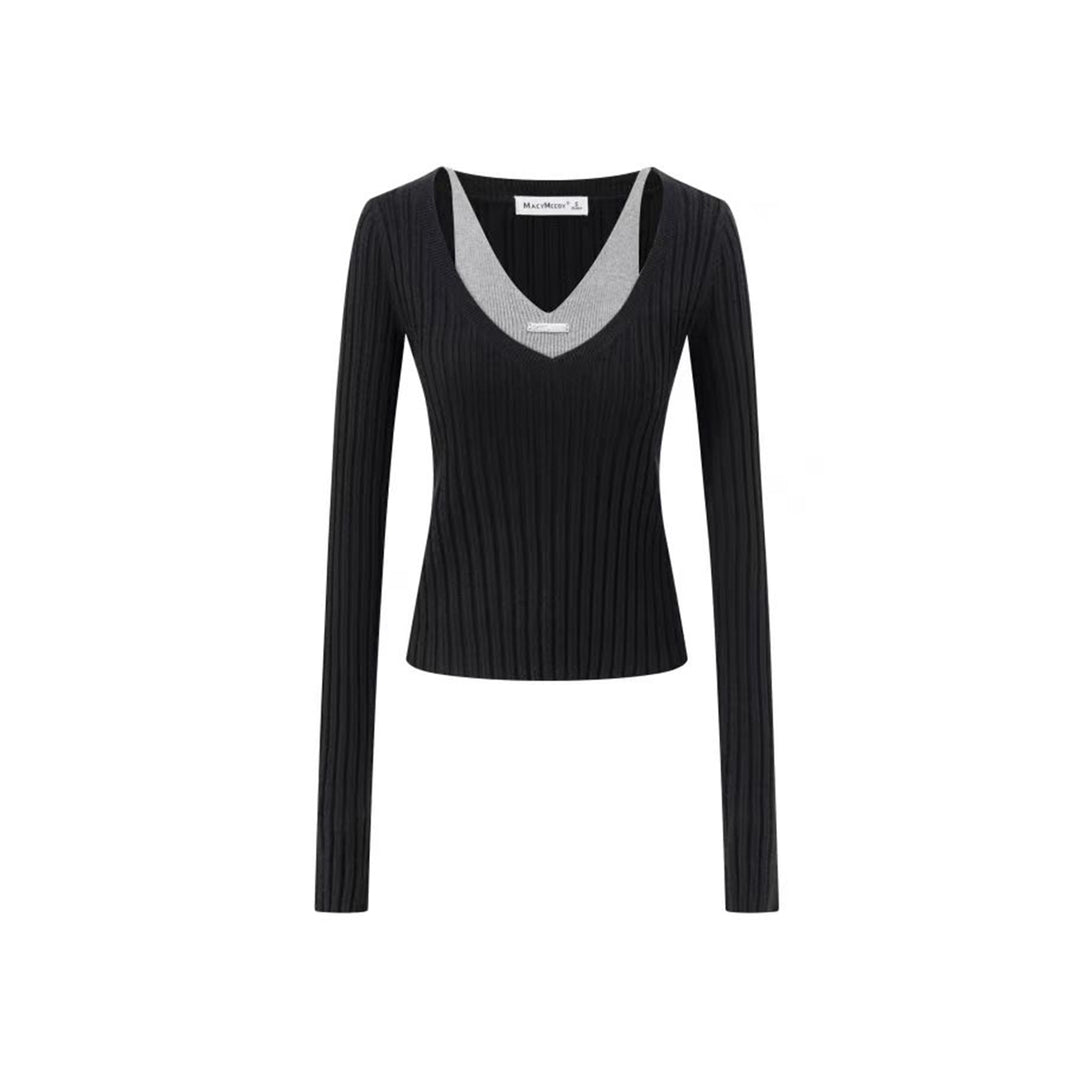 MacyMccoy Fake-2-Piece Cut Out Slim Knit Top Black