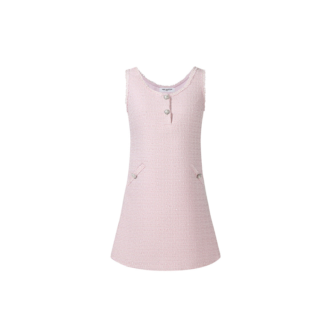 Three Quarters Sleeveless Woolen Tweed Dress Pink - Mores Studio