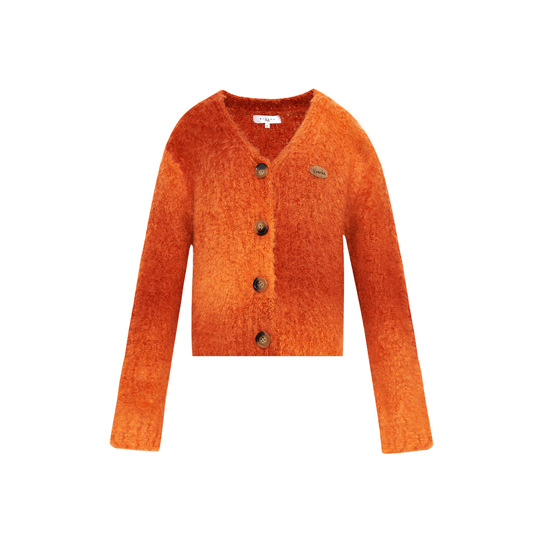 Kroche Gradient V-Neck Loose Fuzzy Cardigan Orange - Mores Studio