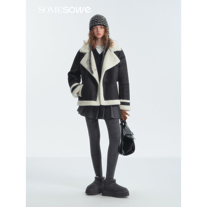 SomeSowe Leather Integrated Furry Locomotive Jacket Black