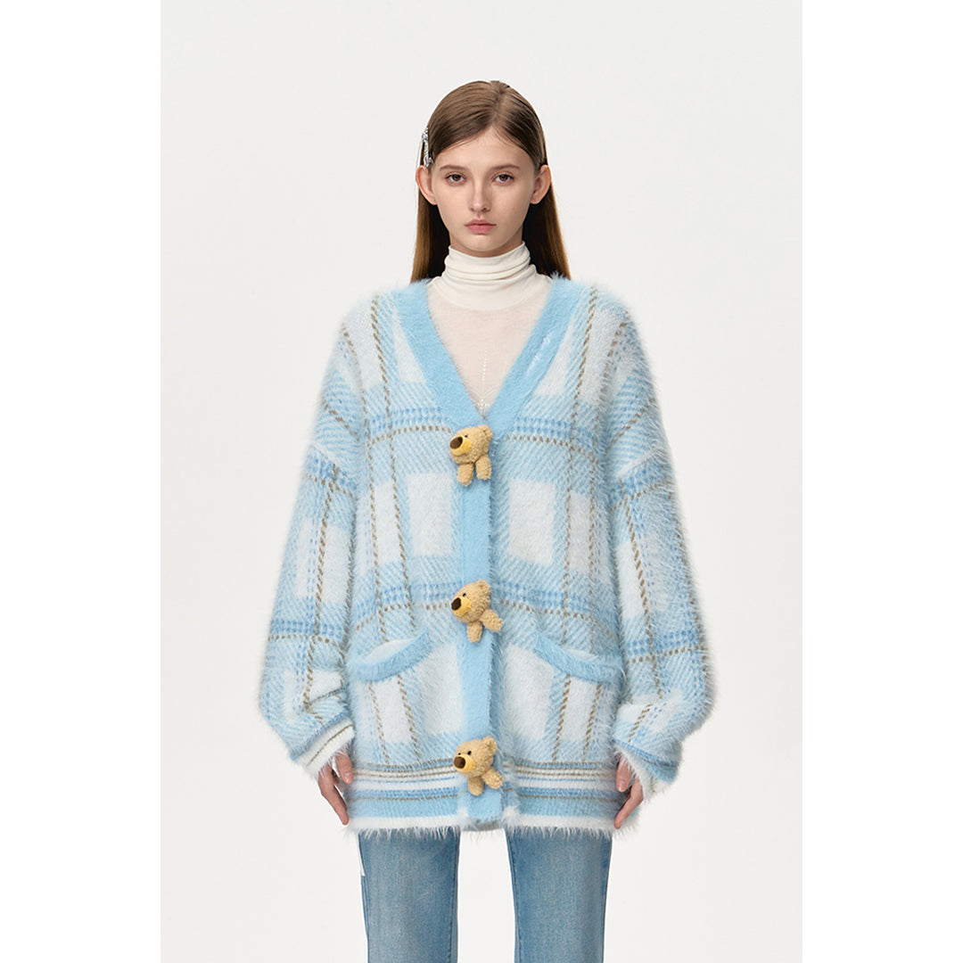 13De Marzo Bear Button Plaid Knit Cardigan Blue