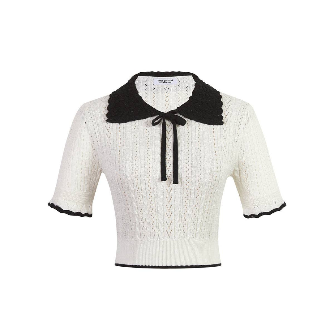 Three Quarters Contrast Collar Hollow Knit Top White - Mores Studio