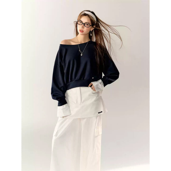 AsGony Fake-2-Piece Off-Shoulder Sweater Navy Blue