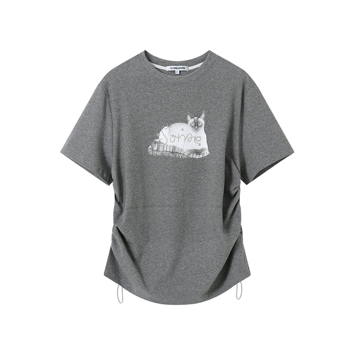 SomeSowe Lazy Cat Drawstring Loose T-Shirt Gray