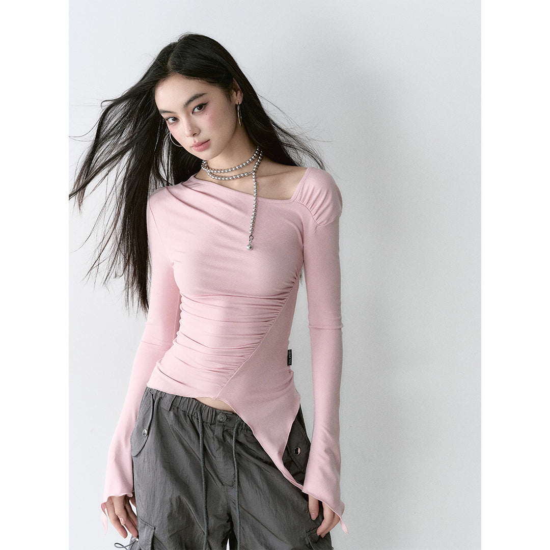 Via Pitti Irregular Diagonal Shoulder Waisting Slim Top Pink