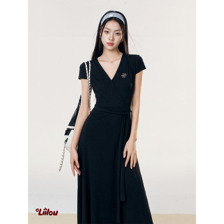 Liilou V-Neck Lace-Up A-Line Long Dress