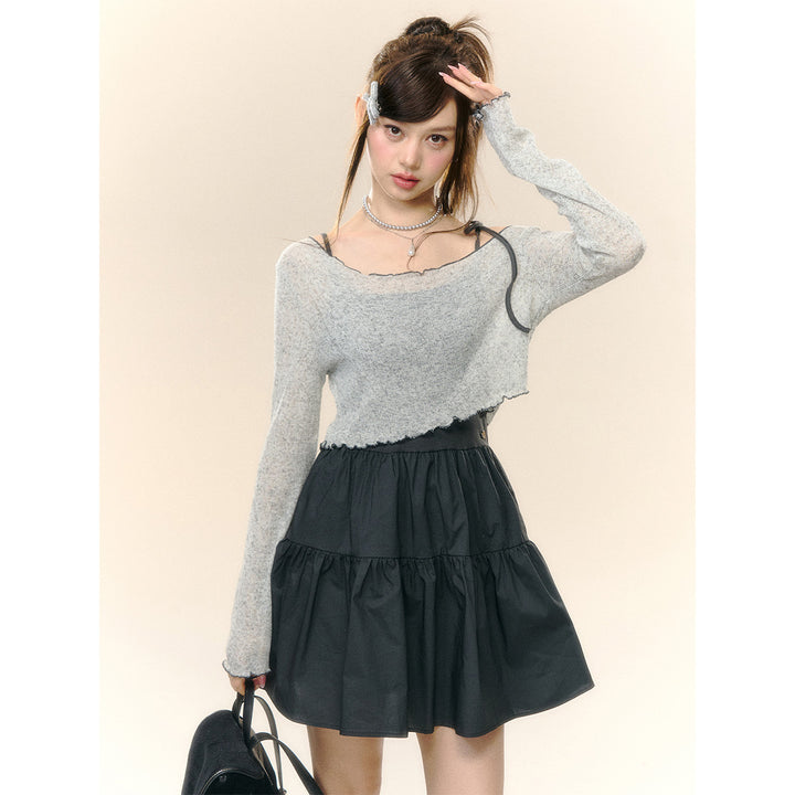 AsGony Irregular Off-Shoulder Knit Top Slip Dress Set Gray