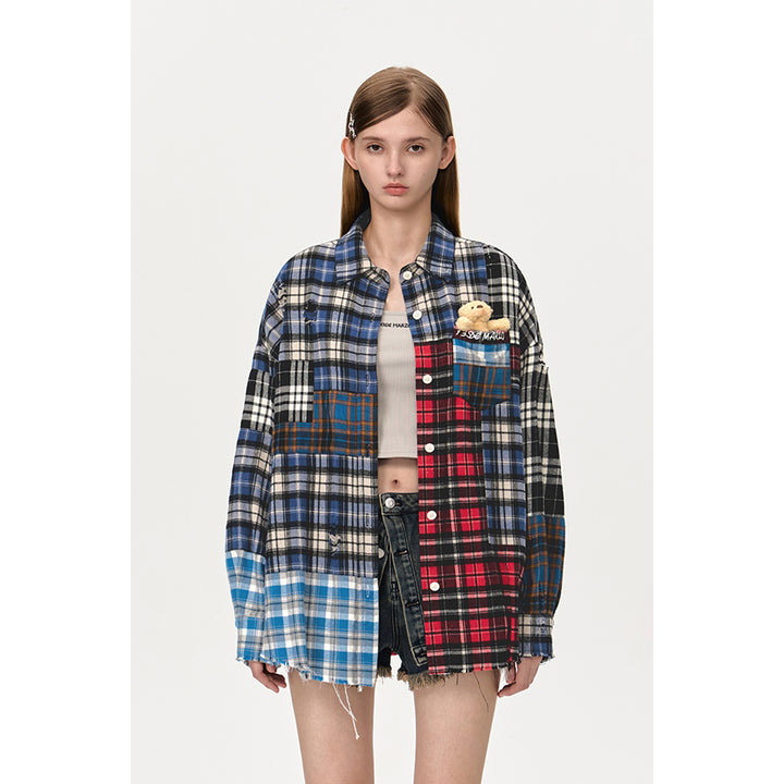 13De Marzo Bear Broken Plaid Patchwork Shirt