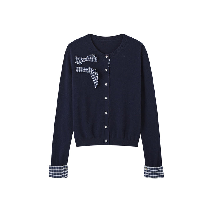 SomeSowe 3D Bow Plaid Knit Cardigan Navy Blue