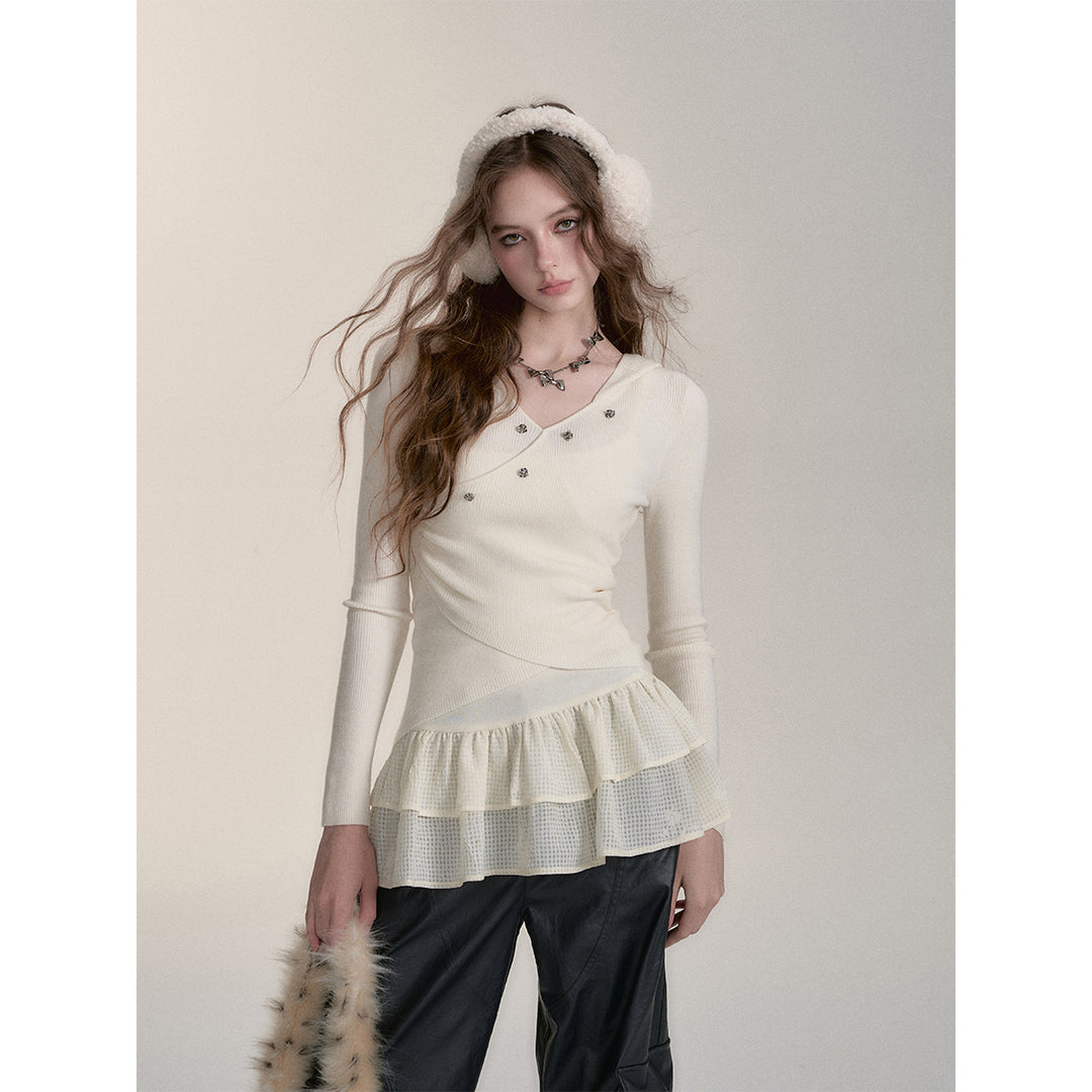 Via Pitti Irregular Button Hooded Woolen Top White