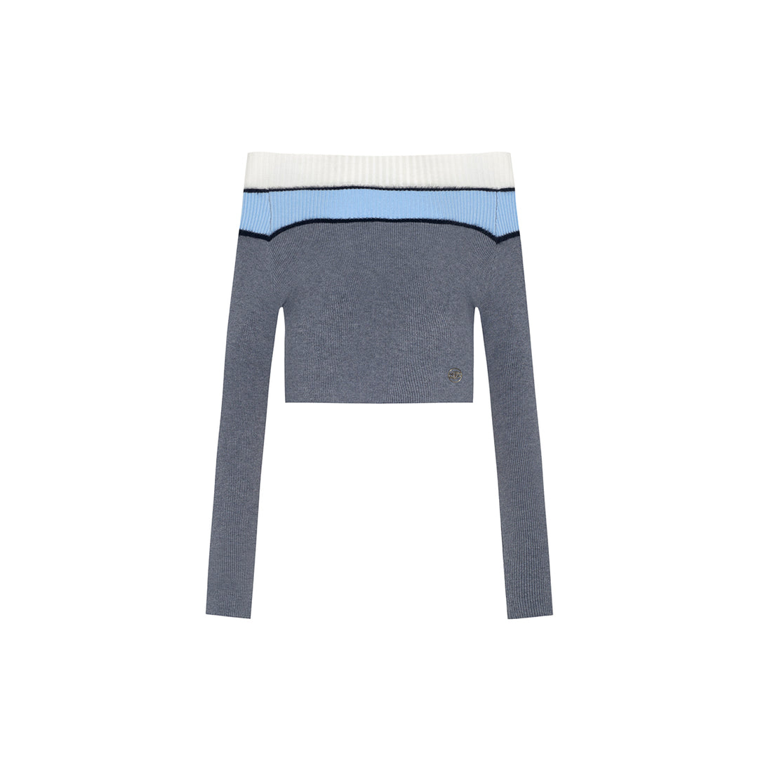 Three Quarters Contrast Off-Shoulder Knit Top Blue/Grey - Mores Studio