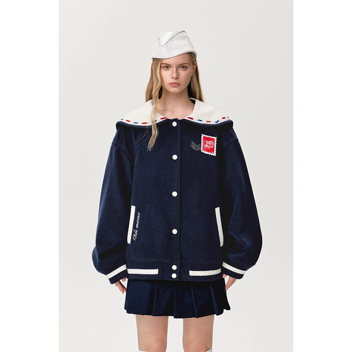 13De Marzo Sailor Collar Love Letter Baseball Jacket Navy Blue