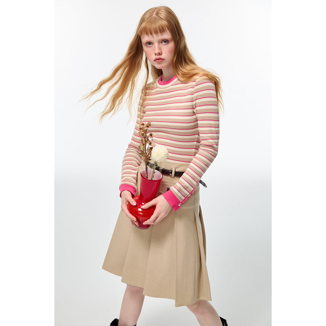 Alexia Sandra Striped Round Neck L/S Knit Top Beige/Pink - Mores Studio