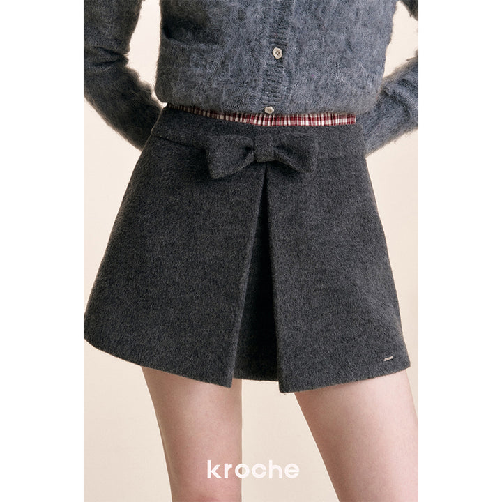 Kroche 3D Bow Plaid Patchwork Double Waist Skirt