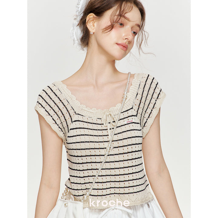 Kroche Hollow Out Lace Up Striped Knitted Top