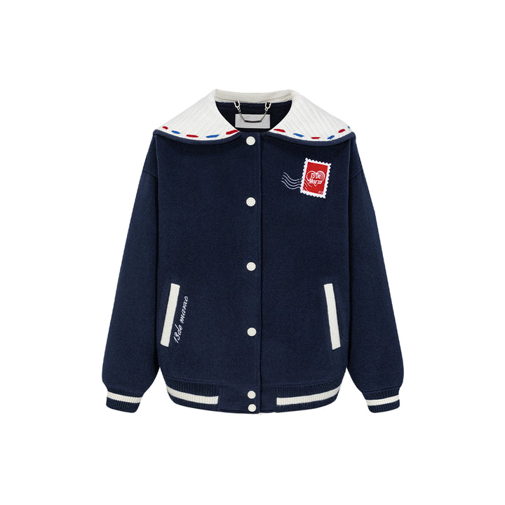 13De Marzo Sailor Collar Love Letter Baseball Jacket Navy Blue