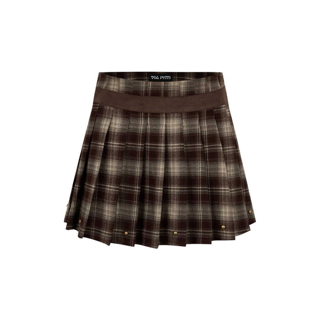 Via Pitti Rivet Suede Leather Patchwork Pleated Plaid Skirt Brown - Mores Studio
