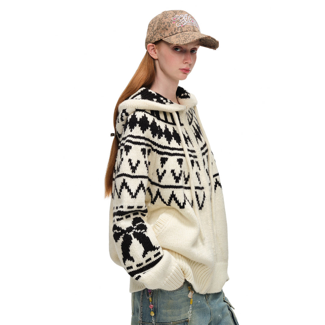 Alexia Sandra Fair Isle Bow Hooded Woolen Zipper Cardigan