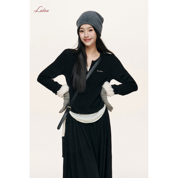 Liilou Fake-2-Piece V-Neck Woolen Knit Top Black